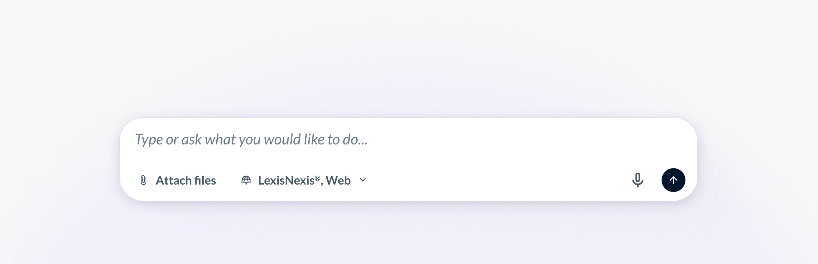 Legal AI prompt input bar that indicates how users can combine LexisNexis trusted sources with uploaded documents and web content.
