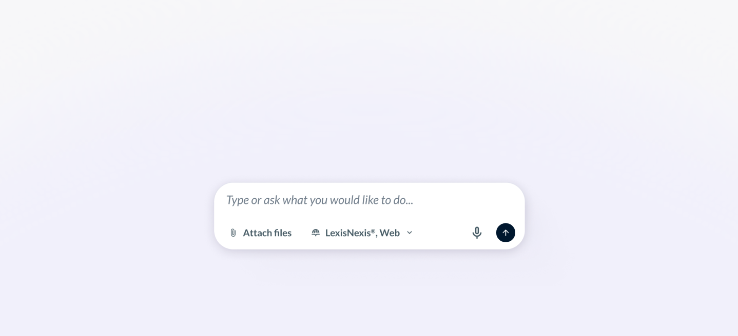 Legal AI prompt input bar that indicates how users can combine LexisNexis trusted sources with uploaded documents and web content.